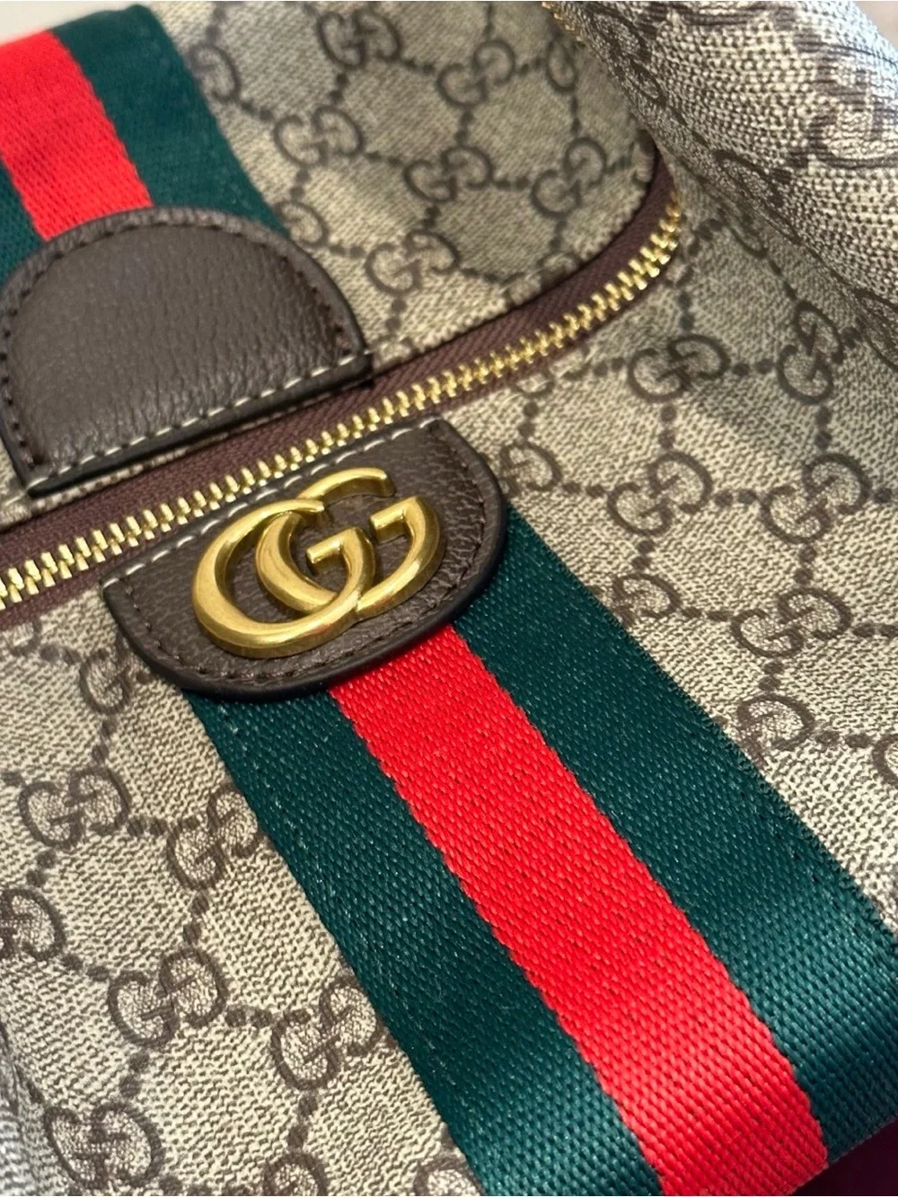 Gucci Beige GG Canvas Shoulder Tote with Green and Red Web Stripe